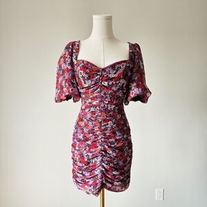 Zara S red floral ruched form fitting short sleeve dress nwot